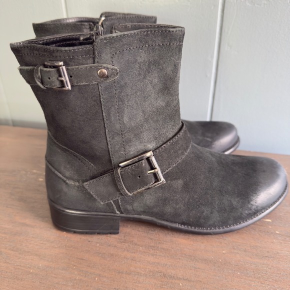 Clarks Plaza Float black suede moto boots women's 7.5 M leather zip EU 38 Boho‎ - Picture 1 of 10